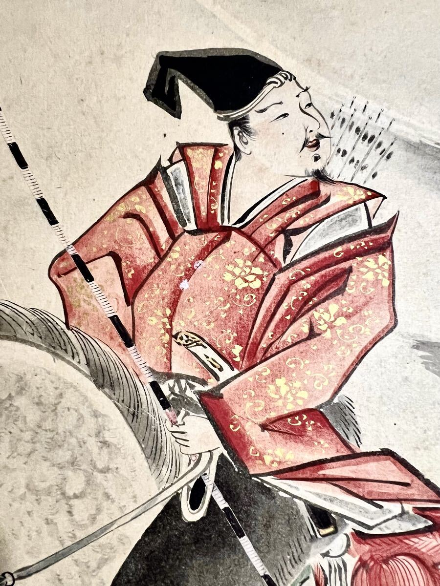 【真作】【S8】伊達探良「源義家勿来関図」紙本 肉筆 合箱 大幅 金泥 武者絵 桜 鳥獣 絵画 掛軸 幕末期の日本画家 山形の人 師: 狩野探淵_画像10