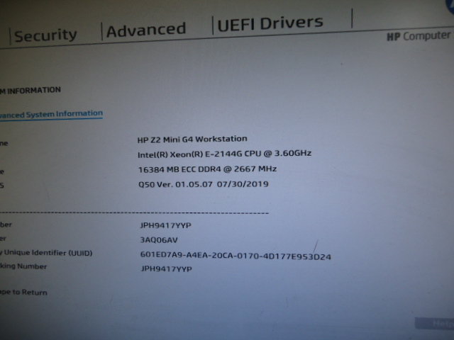 7094★HP Z2 Mini G４Workstation TPC-F115-DM-230 Xeon E-2144G SSD/無 メモリ/16GB　BIOS確認_画像2