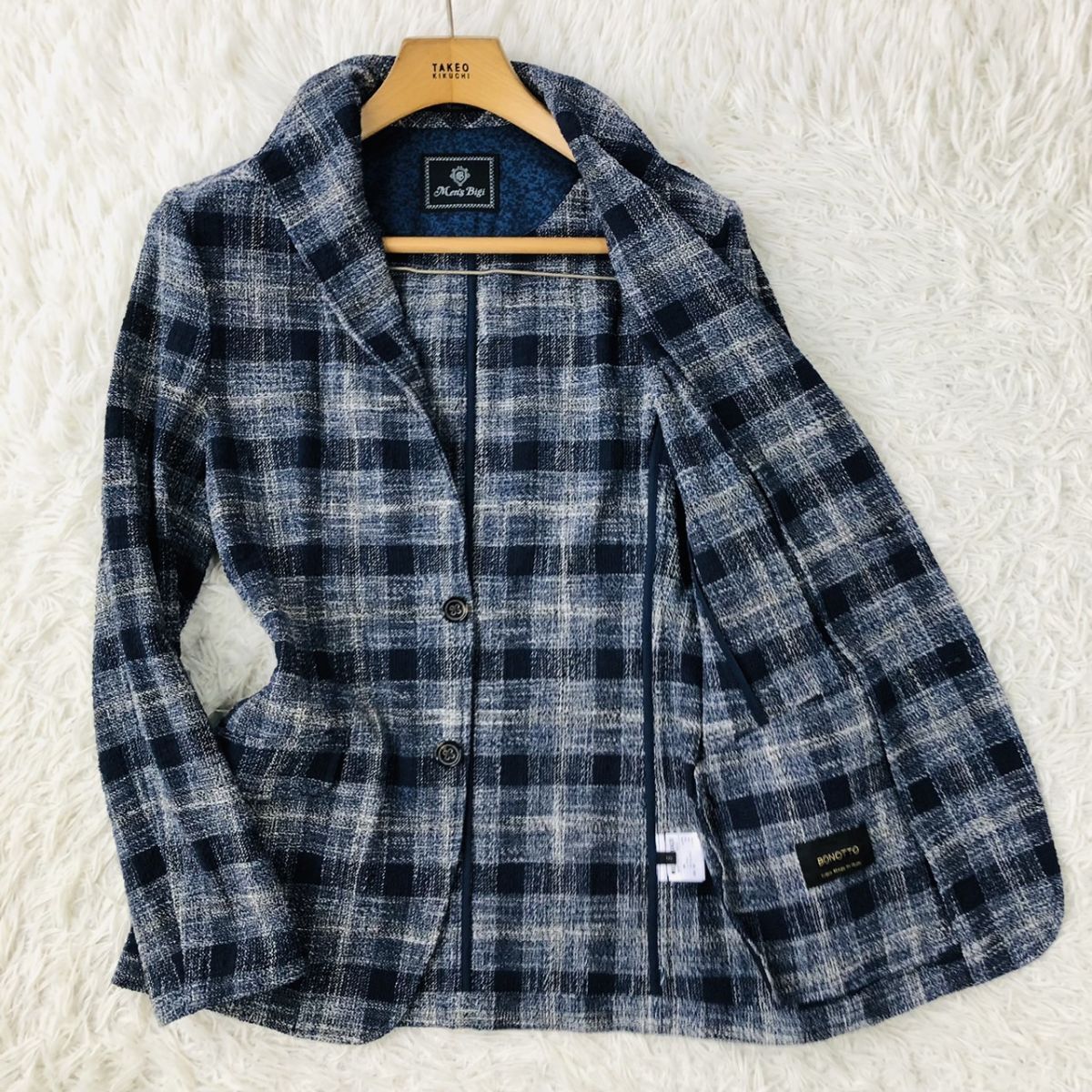【美品/着心地◎】Men's Bigi メンズビギ テーラードジャケット チェック柄 ストレッチ ネイビー Sサイズ 183_画像1