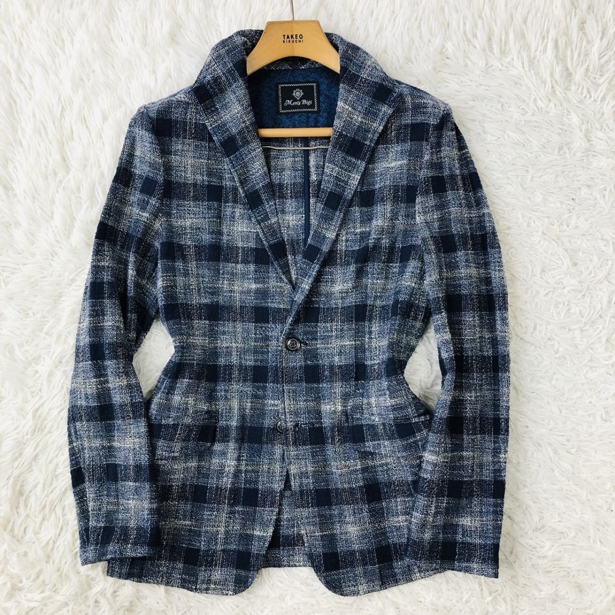 【美品/着心地◎】Men's Bigi メンズビギ テーラードジャケット チェック柄 ストレッチ ネイビー Sサイズ 183_画像2