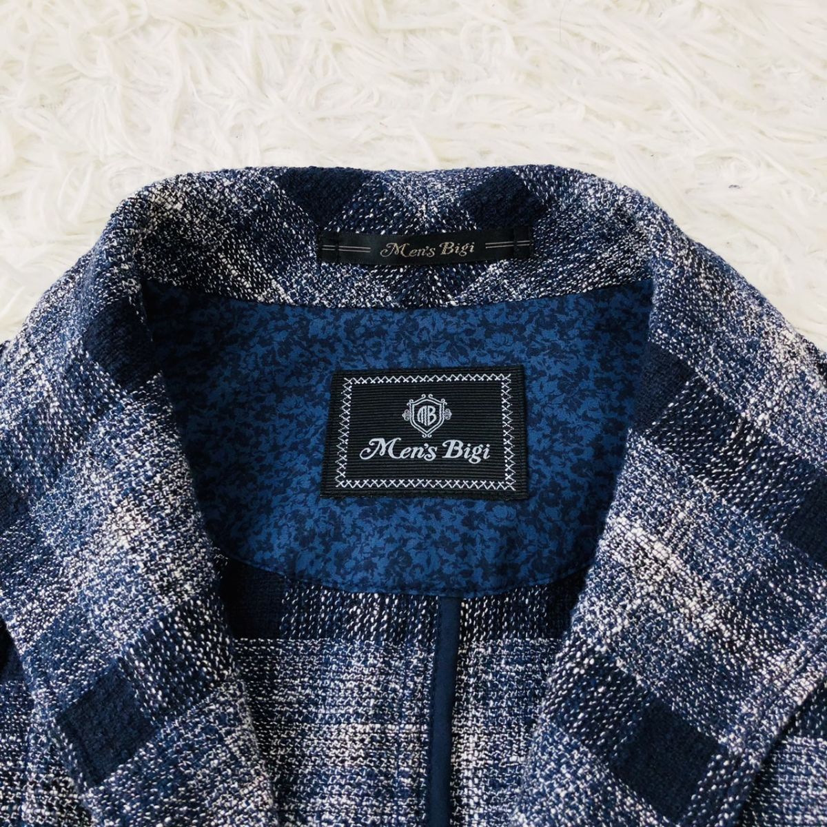 【美品/着心地◎】Men's Bigi メンズビギ テーラードジャケット チェック柄 ストレッチ ネイビー Sサイズ 183_画像3
