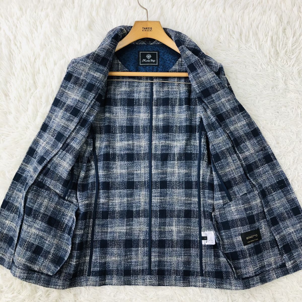 【美品/着心地◎】Men's Bigi メンズビギ テーラードジャケット チェック柄 ストレッチ ネイビー Sサイズ 183_画像4