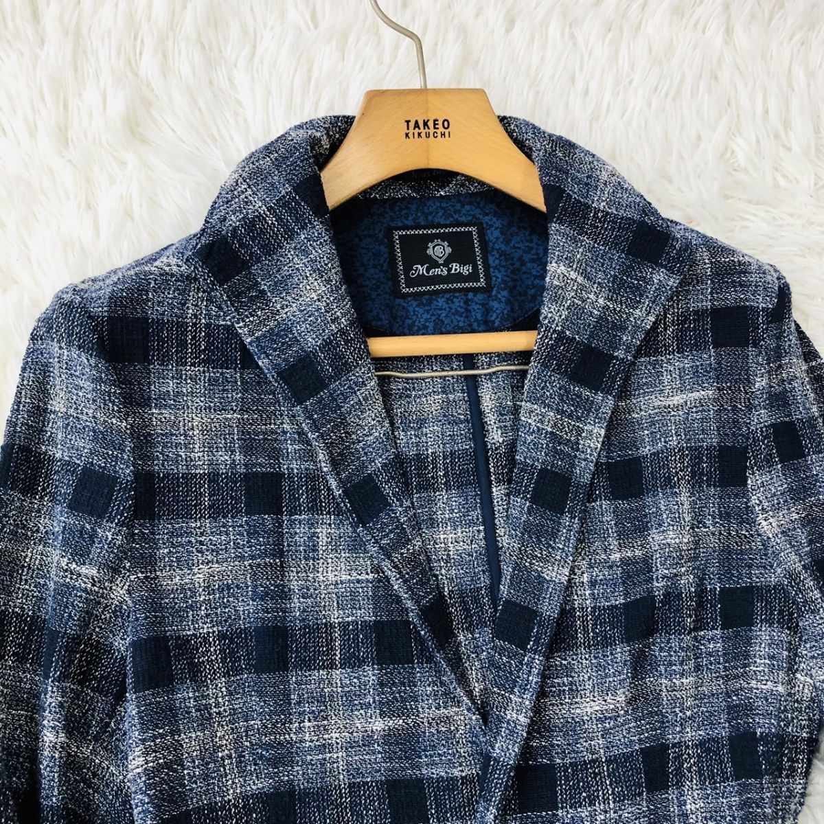 【美品/着心地◎】Men's Bigi メンズビギ テーラードジャケット チェック柄 ストレッチ ネイビー Sサイズ 183_画像6