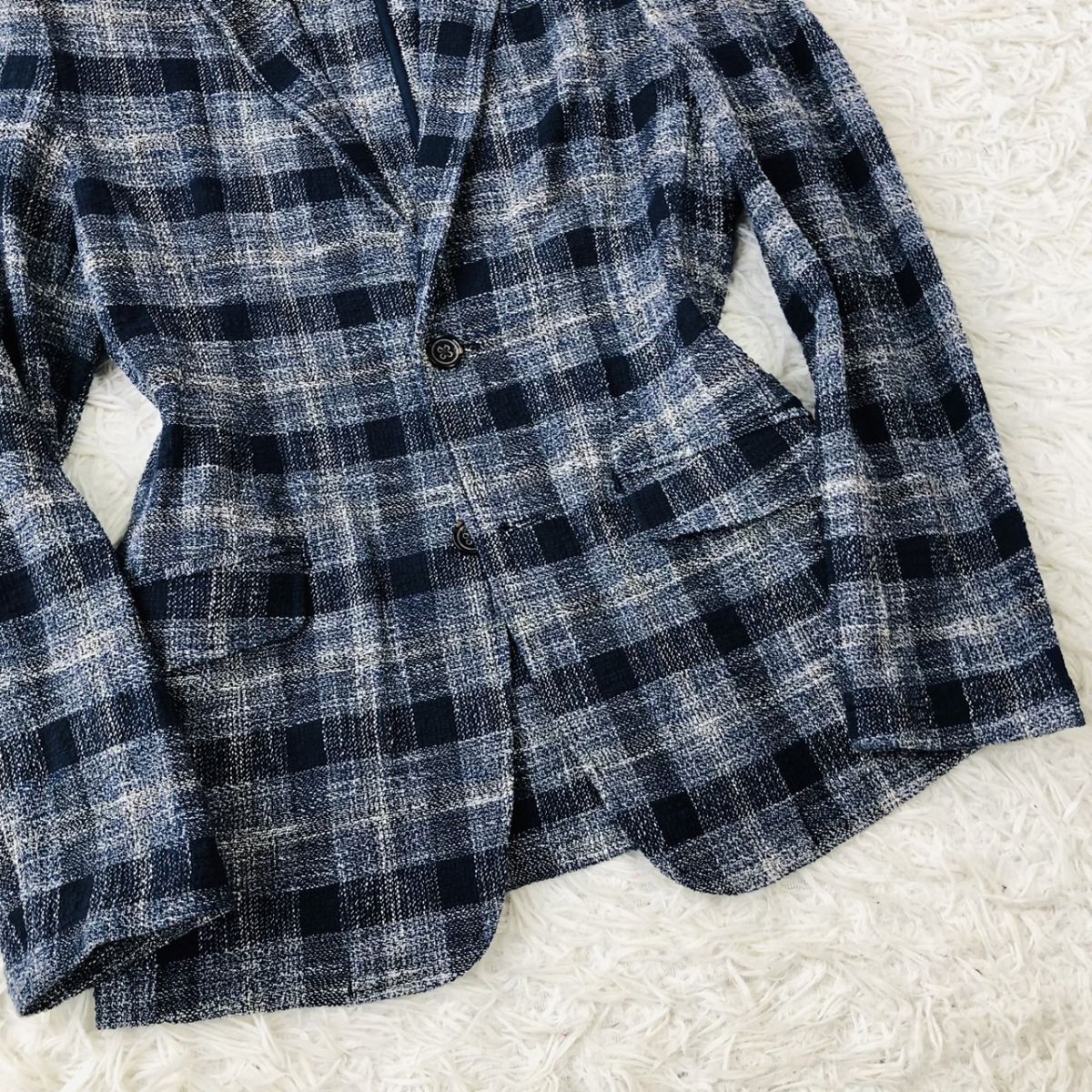 【美品/着心地◎】Men's Bigi メンズビギ テーラードジャケット チェック柄 ストレッチ ネイビー Sサイズ 183_画像7