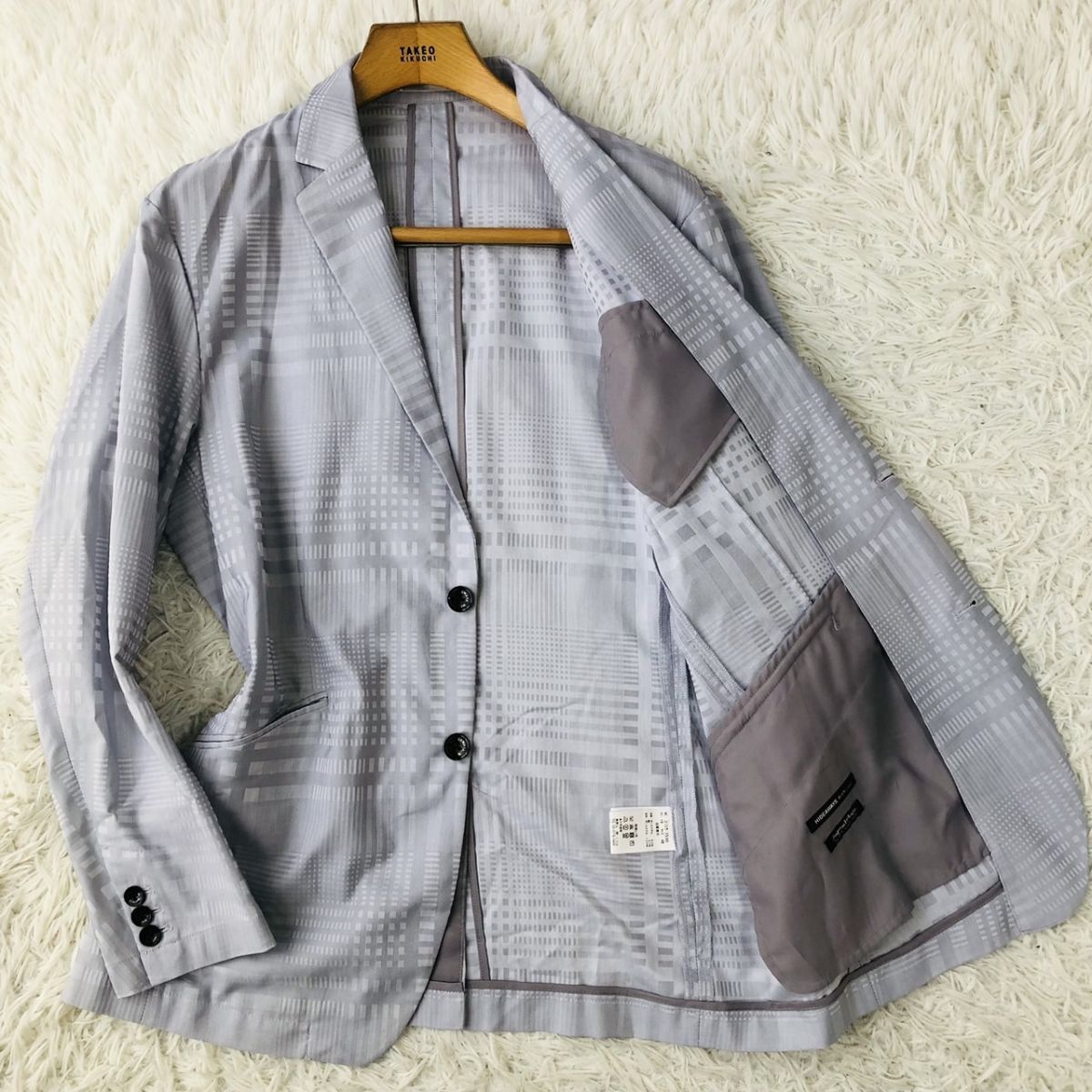 【美品/チェック柄】HIDEAWAYS ハイダウェイ テーラードジャケット 本切羽 センターベント ライトグレー サイズ48 (L相当) 182_画像1