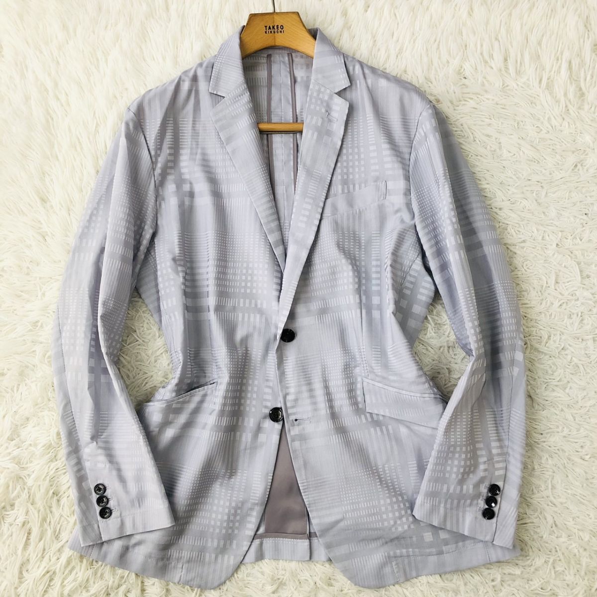 【美品/チェック柄】HIDEAWAYS ハイダウェイ テーラードジャケット 本切羽 センターベント ライトグレー サイズ48 (L相当) 182_画像2