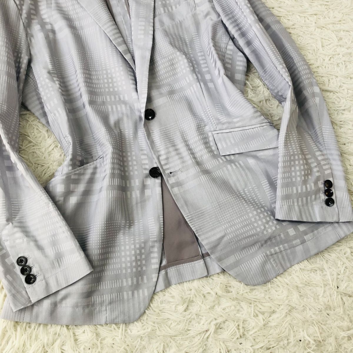 【美品/チェック柄】HIDEAWAYS ハイダウェイ テーラードジャケット 本切羽 センターベント ライトグレー サイズ48 (L相当) 182_画像7