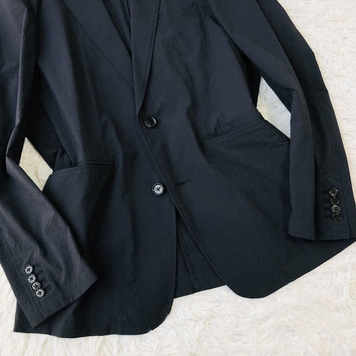 【機能性◎】NANO UNIVERSE ナノユニバース セットアップスーツ SOLOTEX シアサッカー チェック ネイビー Mサイズ ストレッチ ビジカジ 171_画像7