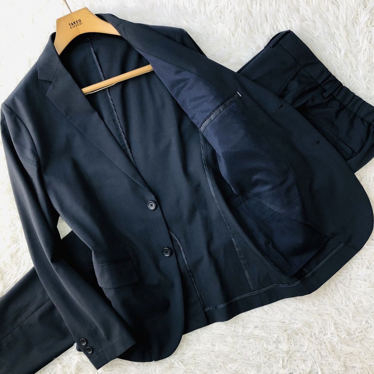 【着心地◎】green label relaxing ユナイテッドアローズ セットアップスーツ ストレッチ センターベント ネイビー Mサイズ ビジカジ 170_画像1