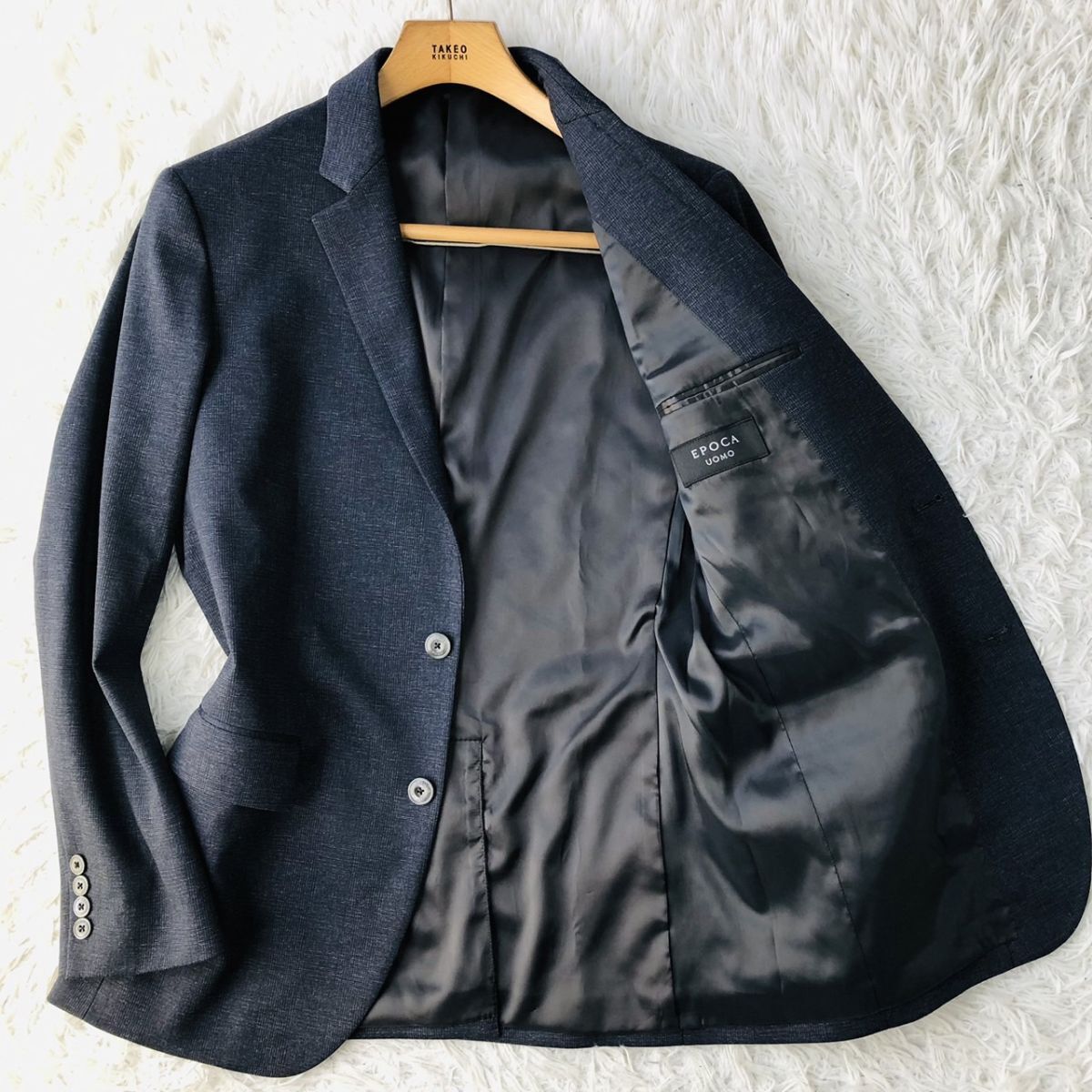 【高級】EPOCA UOMO エポカウォモ テーラードジャケット チェック柄 ストレッチ センターベント ネイビー サイズ50 (XL相当) 　159_画像1