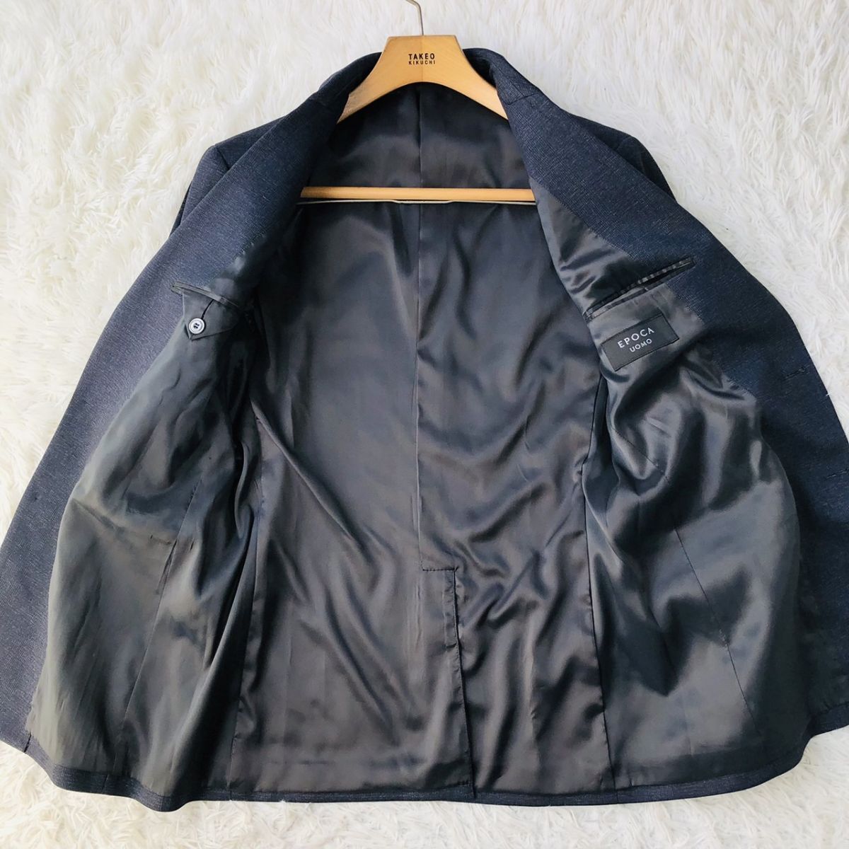 【高級】EPOCA UOMO エポカウォモ テーラードジャケット チェック柄 ストレッチ センターベント ネイビー サイズ50 (XL相当) 　159_画像4