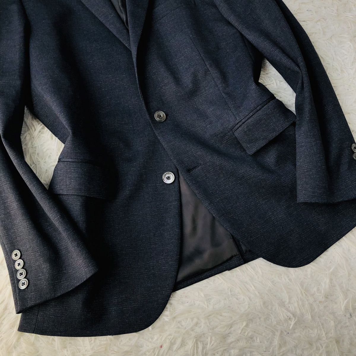 【高級】EPOCA UOMO エポカウォモ テーラードジャケット チェック柄 ストレッチ センターベント ネイビー サイズ50 (XL相当) 　159_画像7