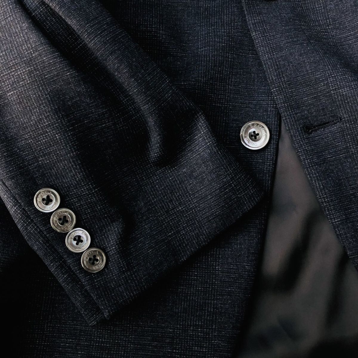 【高級】EPOCA UOMO エポカウォモ テーラードジャケット チェック柄 ストレッチ センターベント ネイビー サイズ50 (XL相当) 　159_画像8