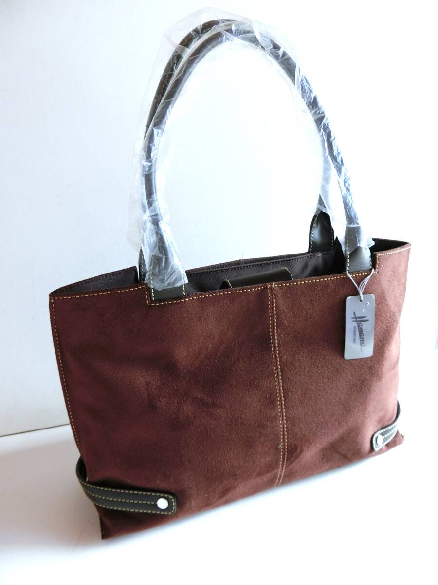 濱野皮革工藝　HAMANO　レザーハンドル　スエード風　トートバッグ　ブラウン　茶色　未使用　ポリエステル　牛革ハンドル_画像1