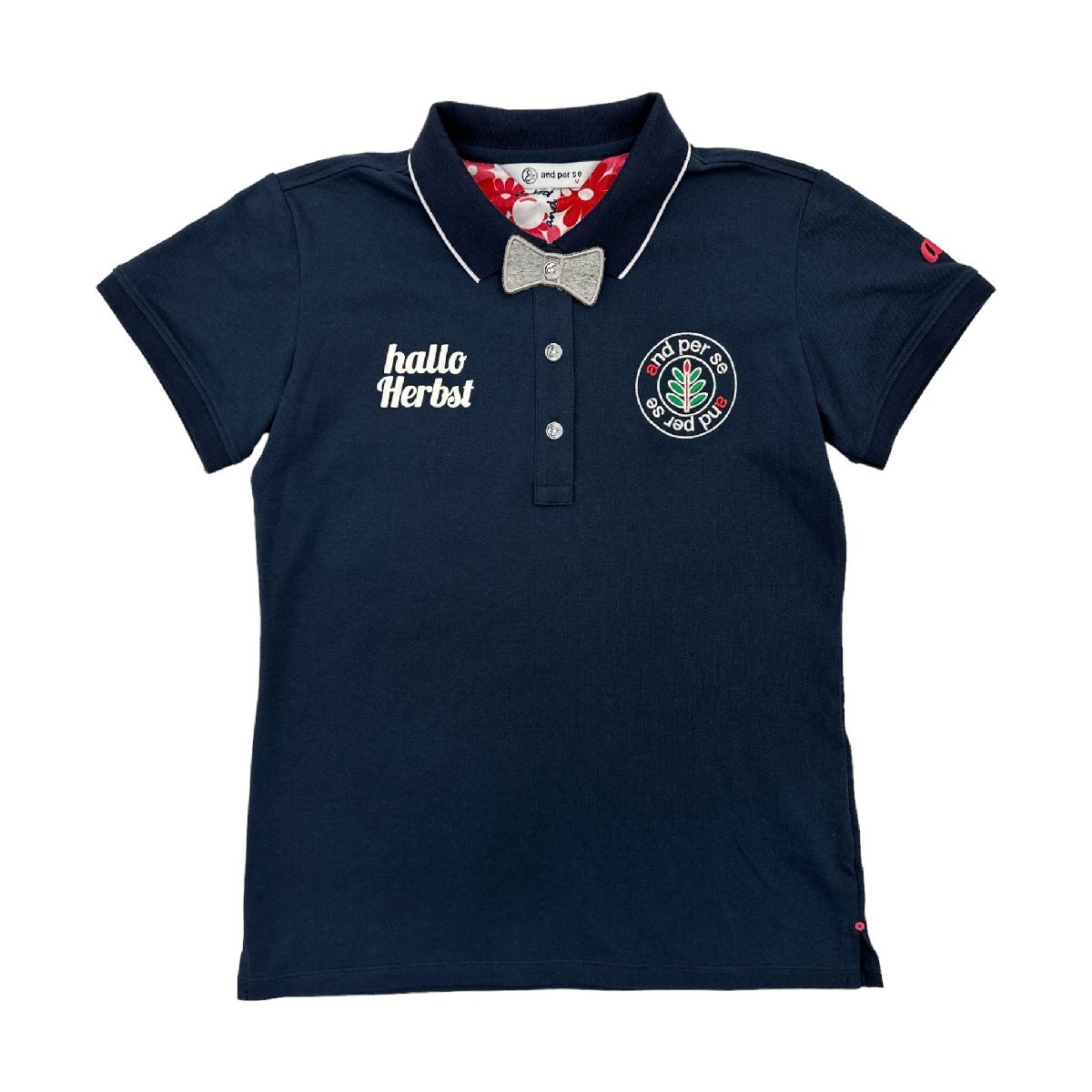 and per se アンパスィ ワッペン風刺繍&プリント 花柄 半袖 ポロシャツ Mサイズ /紺/ネイビー/レディース/ゴルフ/スポーツ/ブラホワ_画像1