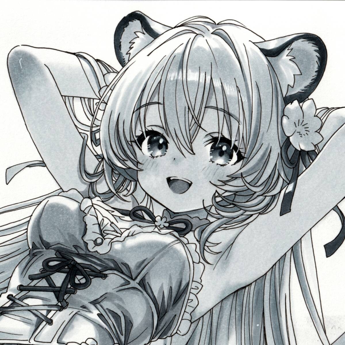  ручные иллюстрации оригинал симпатичный аналог произведение исходная картина девочка kemo ушко (уголок) монохромный ручка для рисования ko pick гольфы платье [Wildflower]
