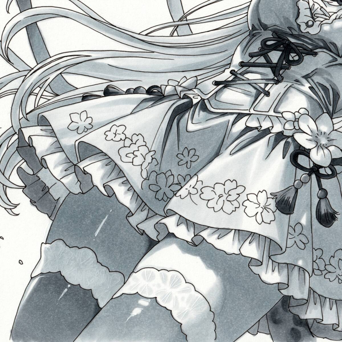  ручные иллюстрации оригинал симпатичный аналог произведение исходная картина девочка kemo ушко (уголок) монохромный ручка для рисования ko pick гольфы платье [Wildflower]