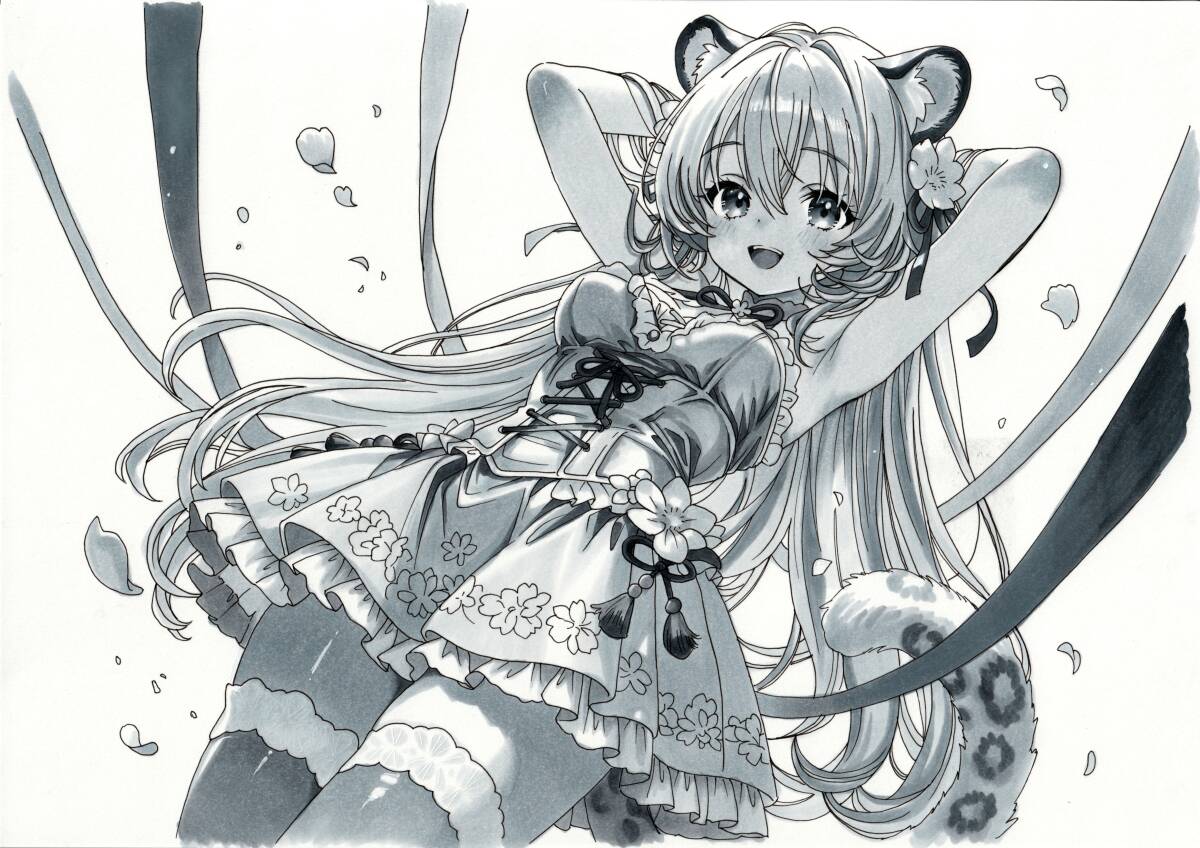  ручные иллюстрации оригинал симпатичный аналог произведение исходная картина девочка kemo ушко (уголок) монохромный ручка для рисования ko pick гольфы платье [Wildflower]