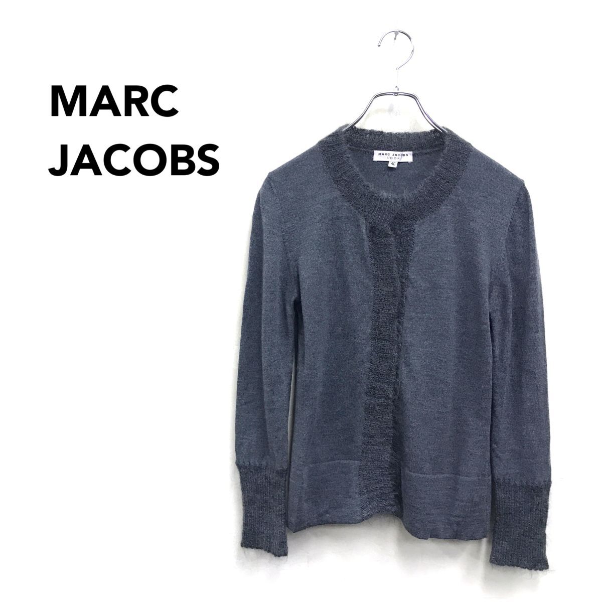 2N1035-G◆良品◆ MARCJACOBS マークジェイコブスジャガーニットパイピングカーディガン スナップ クルーネック ◆ size40 グレー ウール_画像1