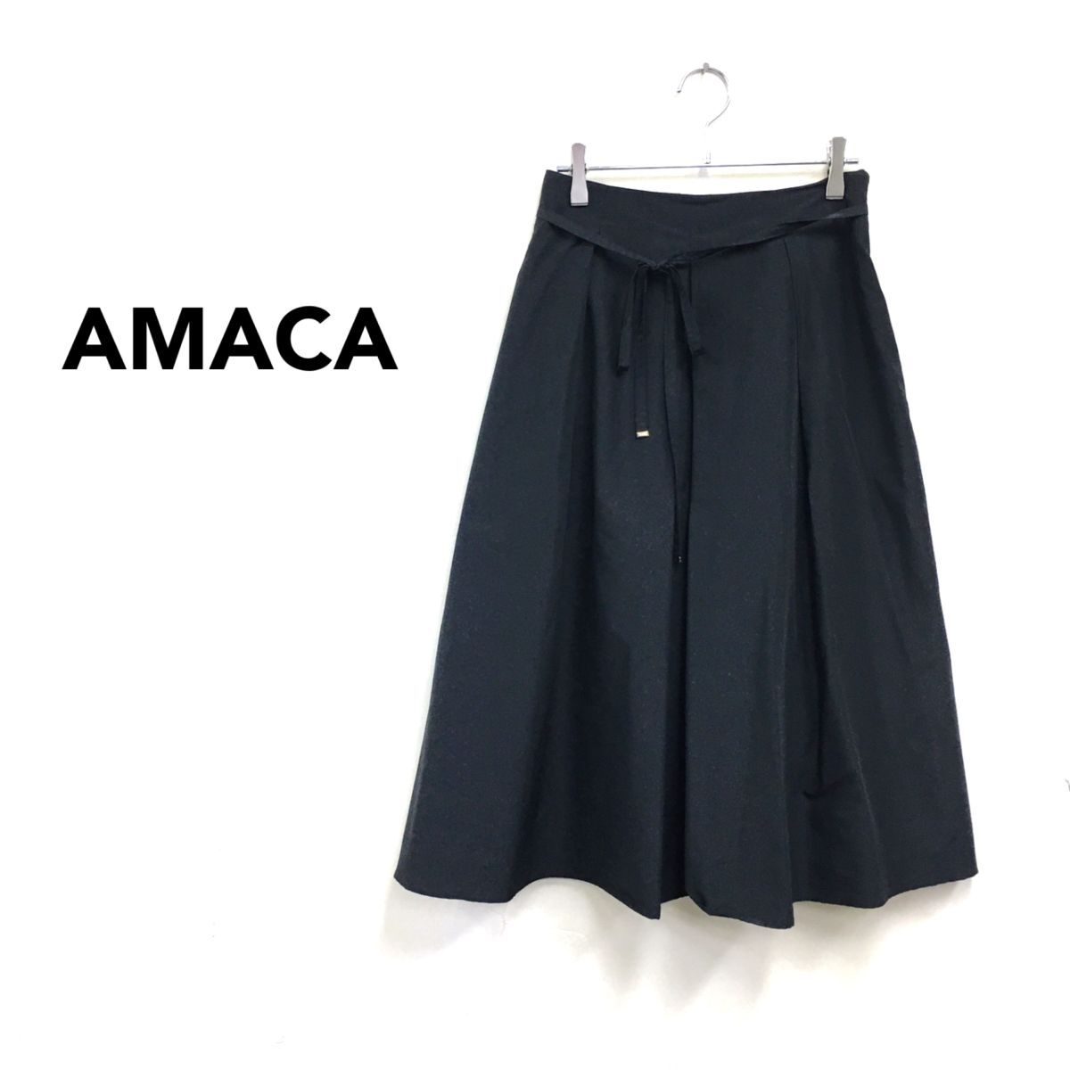 2N1285-G◆ AMACA アマカ ウエストリボンミディフレアプリーツスカート 微光沢 ウエストゴム イージー ◆ size38 黒 ポリエステル_画像1