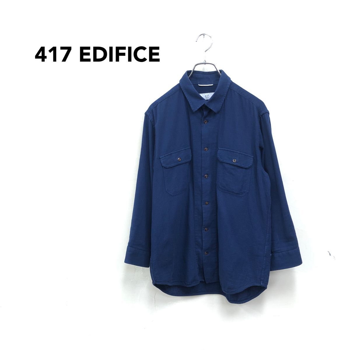2N1572-Y◆417 EDIFICE フォーワンセブンエディフィス 七分袖ワークシャツ 胸ポケット ラウンドヘム メンズ カジュアル◆sizeL ネイビー 綿_画像1
