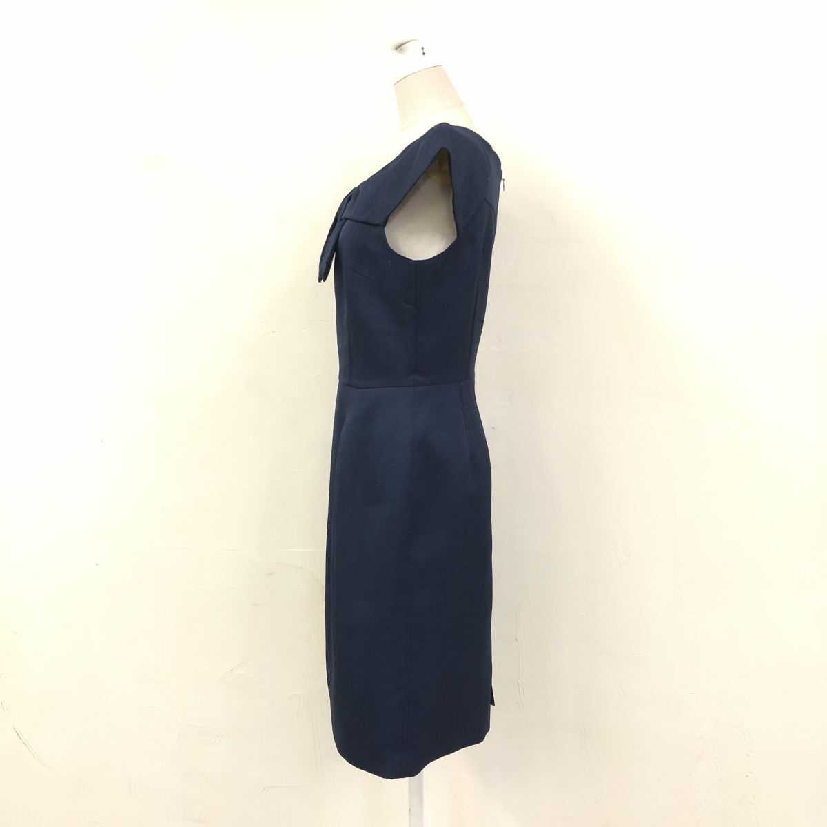 2N1547-Y◆Apuweiser-riche アプワイザーリッシェ ノースリーブワンピース リボン 裏地あり 膝上丈 レディース ◆size1 ネイビー ポリ_画像6