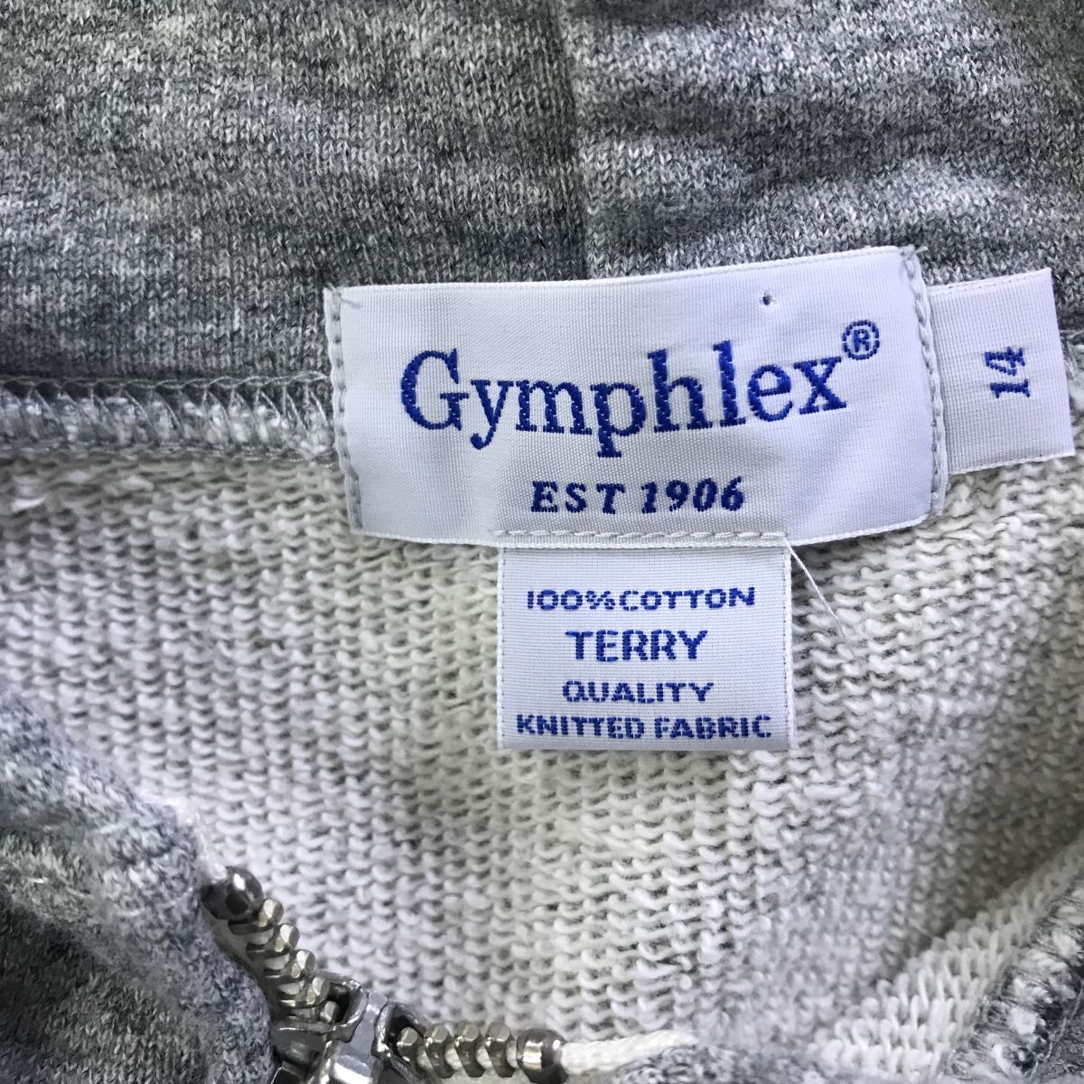 2N1509-O◆Gymphlex ジムフレックス フルジップパーカー 無地 フーディ フード紐 カンガルーポケット◆size14 グレー コットン_画像7