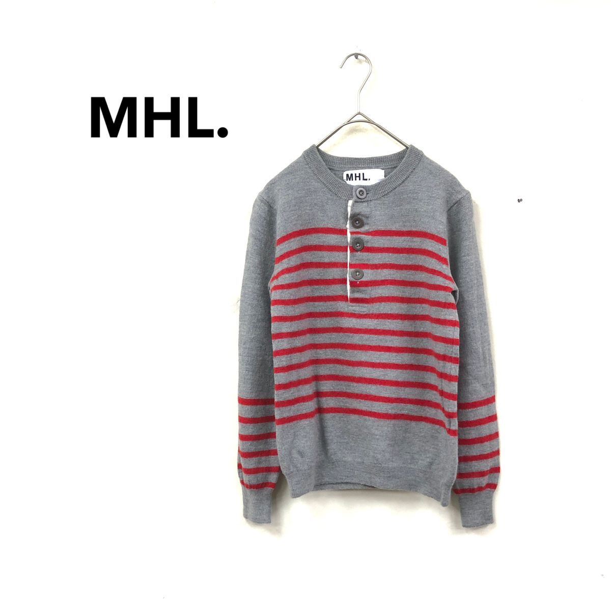 2N2474-Y◆MHL. エムエイチエル マーガレットハウエル ヘンリーネックウールニット 長袖セーター トップス ボーダー ◆sizeM グレー 毛_画像1