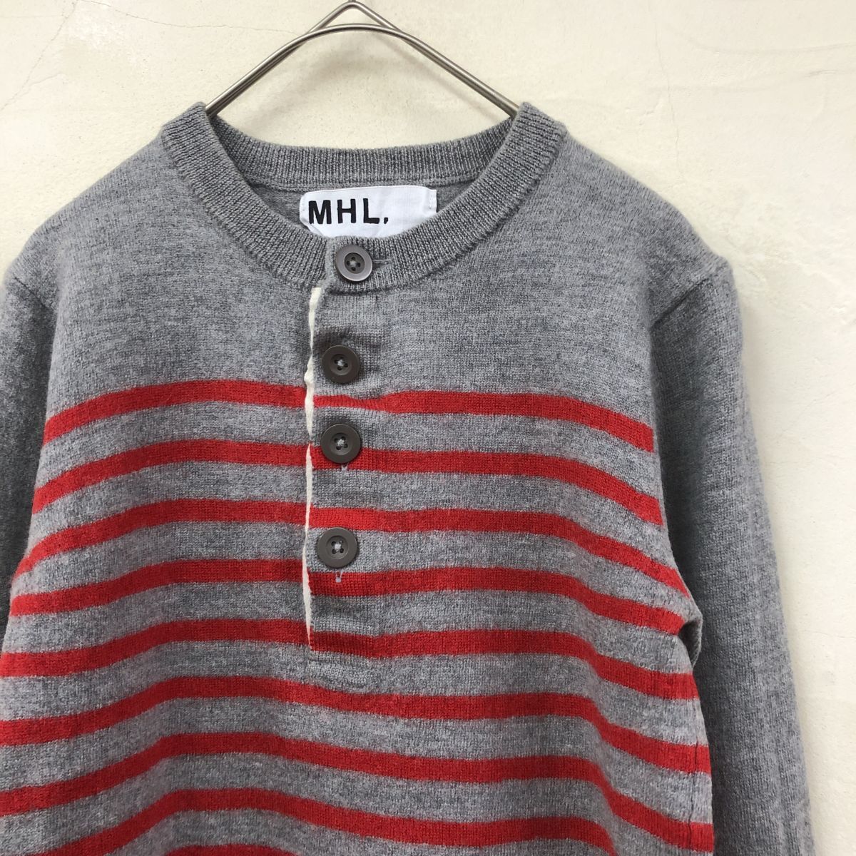 2N2474-Y◆MHL. エムエイチエル マーガレットハウエル ヘンリーネックウールニット 長袖セーター トップス ボーダー ◆sizeM グレー 毛_画像3