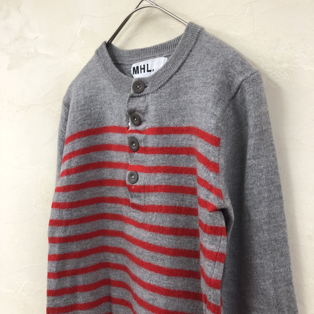 2N2474-Y◆MHL. エムエイチエル マーガレットハウエル ヘンリーネックウールニット 長袖セーター トップス ボーダー ◆sizeM グレー 毛_画像5