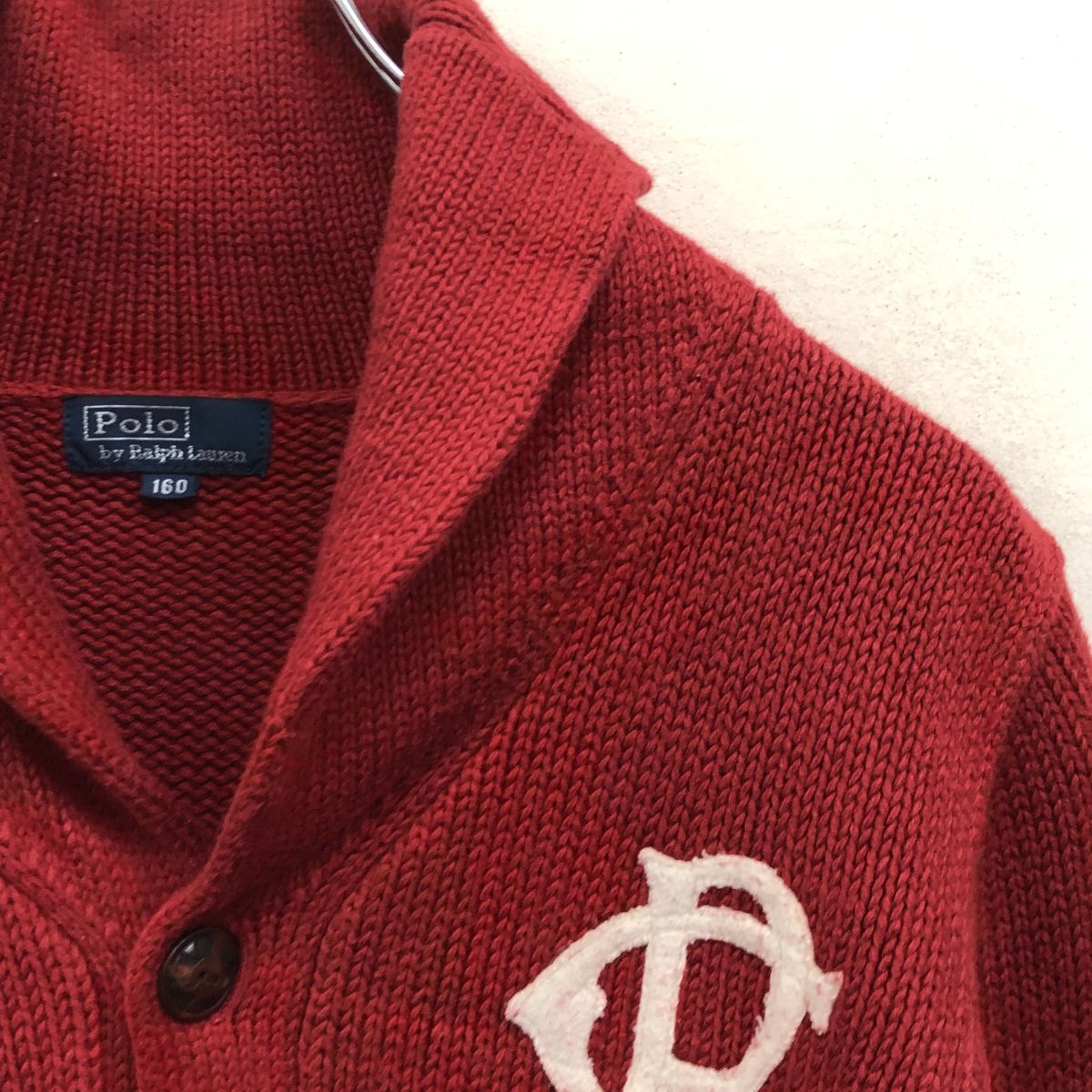 2N2185-U◆Polo by Ralph Lauren ポロバイラルフローレン キッズ ショールカラーニットカーディガン エルボーパッチ◆size160 赤 レッド_画像3