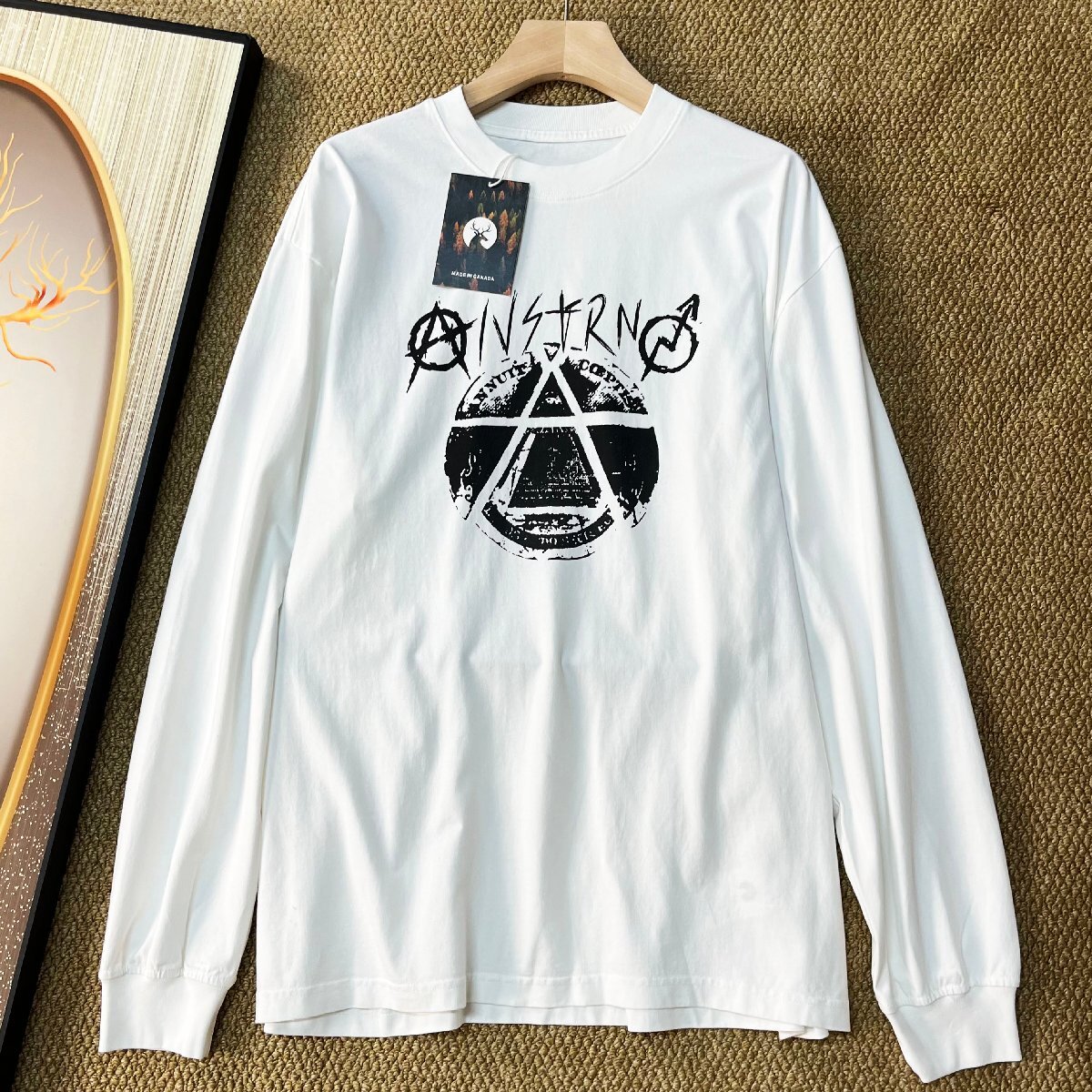 長袖Tシャツ カナダ製造 コットン100% 柔らか ソフト 丸首 プリント柄 オシャレ カットソー ゆったり カジュアル トレーナー 春秋 SIZE:L_画像1