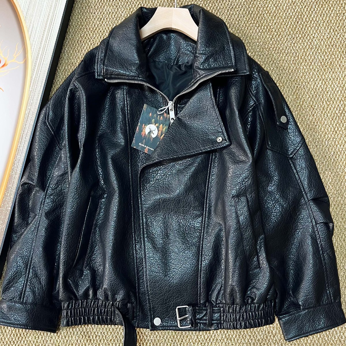 レザージャケット カナダ製造 牛革 本革 光沢 滑らか 保温 ゆったり 折り襟 カッコイイ ストリート系 ライダース 革ジャン バイク用 SIZE:M_画像1