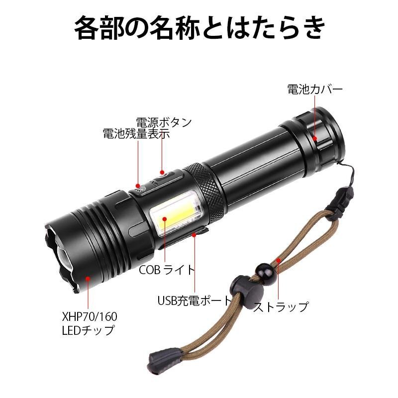 懐中電灯 LED 強力 9500ルーメン ハンディライト 軍用 小型 USB 充電式 電池 COB 超高輝度 防災 地震 防水 登山 夜釣り 作業用 zchw0139.2_画像2