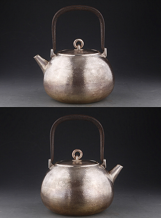 聖鐵堂 大岡銕平造 鉄之手　純銀鎚痕 ボブラ式湯沸 茶道具 銀瓶_画像2