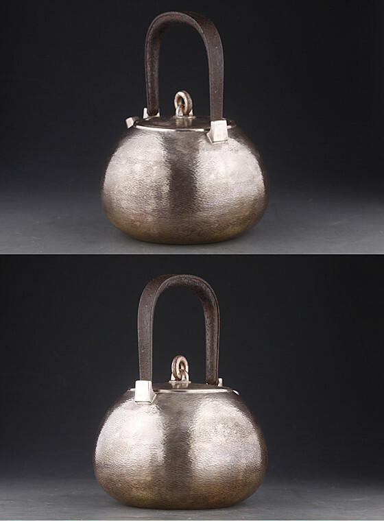 聖鐵堂 大岡銕平造 鉄之手　純銀鎚痕 ボブラ式湯沸 茶道具 銀瓶_画像4