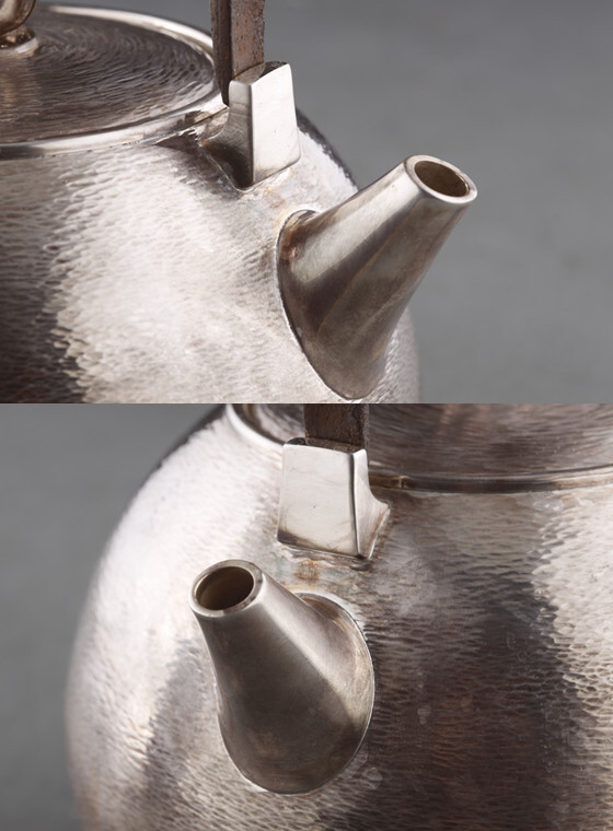 聖鐵堂 大岡銕平造 鉄之手　純銀鎚痕 ボブラ式湯沸 茶道具 銀瓶_画像6