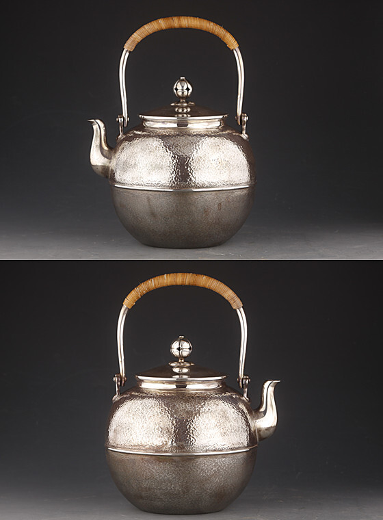 一望齋造 春江 純銀望月形湯沸 共箱 銀瓶 煎茶道具_画像2