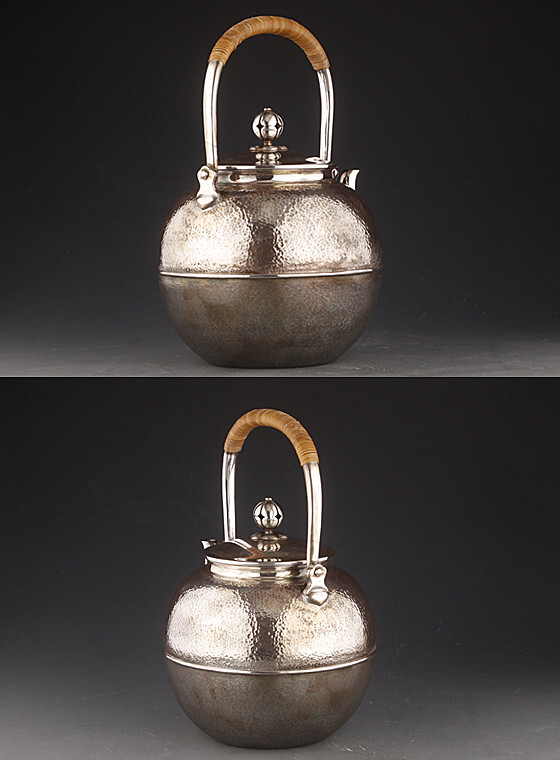 一望齋造 春江 純銀望月形湯沸 共箱 銀瓶 煎茶道具_画像3