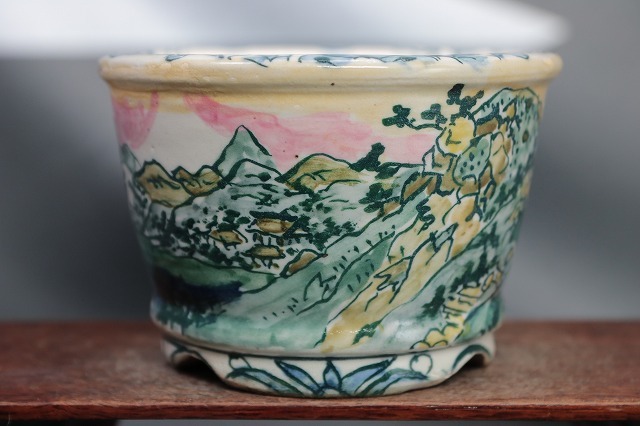 ★★陶翆庵　盆栽鉢【 陶 翠 】「 東海道五十三次 箱根 湖水図」 「外縁切脚縁付下帯丸鉢」_画像2