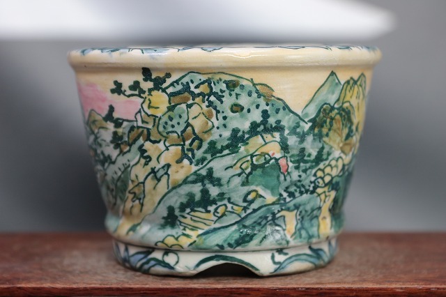 ★★陶翆庵　盆栽鉢【 陶 翠 】「 東海道五十三次 箱根 湖水図」 「外縁切脚縁付下帯丸鉢」_画像3