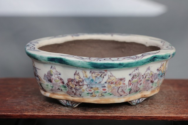 ★★　陶翠庵　盆栽鉢【陶 翠】 「彩色狐の嫁入り絵図 」 「外縁下帯段脚木瓜鉢」_画像1