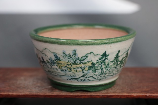 ★★　陶翠庵　盆栽鉢【陶 翠】 「渓山山水人物絵図」「呉須切立反形切脚丸鉢」_画像1