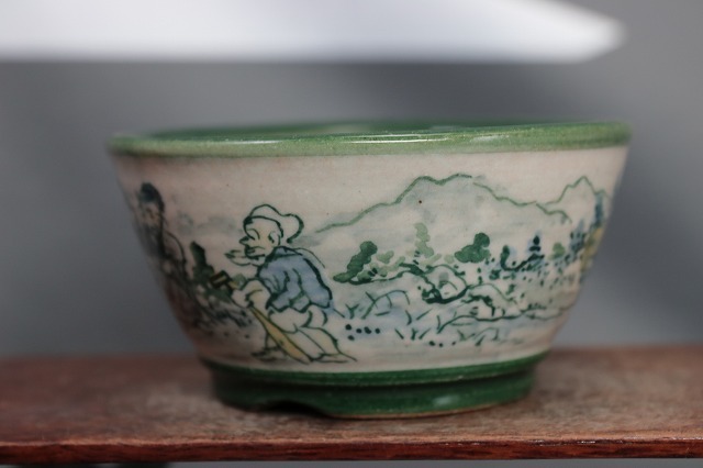★★　陶翠庵　盆栽鉢【陶 翠】 「渓山山水人物絵図」「呉須切立反形切脚丸鉢」_画像5