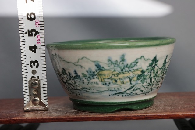 ★★　陶翠庵　盆栽鉢【陶 翠】 「渓山山水人物絵図」「呉須切立反形切脚丸鉢」_画像6