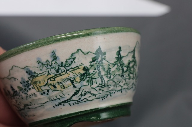 ★★　陶翠庵　盆栽鉢【陶 翠】 「渓山山水人物絵図」「呉須切立反形切脚丸鉢」_画像10