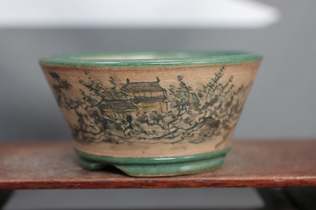 ★★　陶翠庵　盆栽鉢【陶 翠】 「渓河山水人物風景絵図」「呉須切立反形下帯切脚丸鉢」_画像2