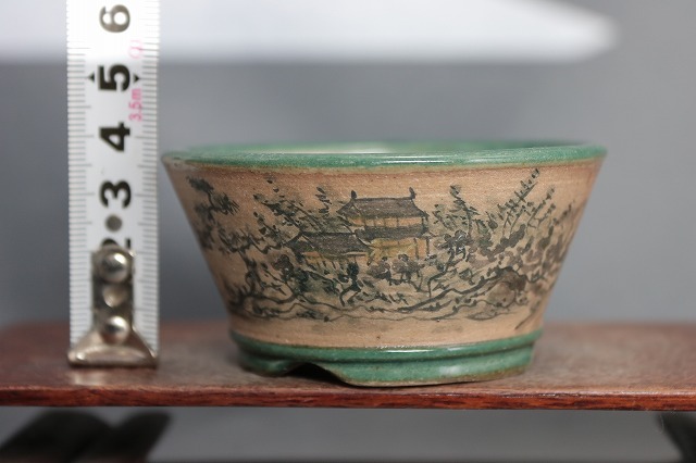 ★★　陶翠庵　盆栽鉢【陶 翠】 「渓河山水人物風景絵図」「呉須切立反形下帯切脚丸鉢」_画像6