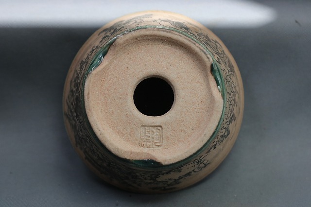 ★★　陶翠庵　盆栽鉢【陶 翠】 「渓河山水人物風景絵図」「呉須切立反形下帯切脚丸鉢」_画像8