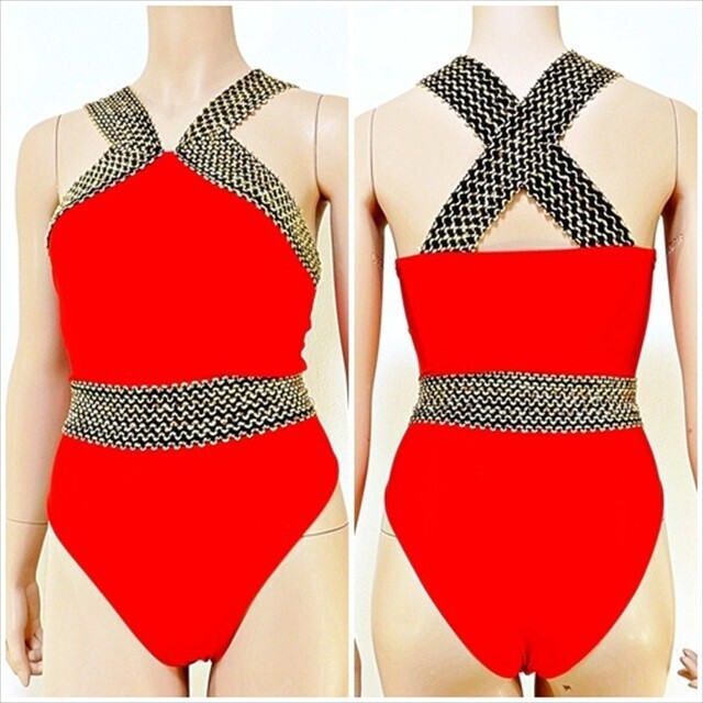 PX1-097//レッド×ゴールドのセクシー＆エレガント☆レトロバブリーなデザイン☆見逃せない魅力※一番安価な送料はゆうパケットなら250円_画像1